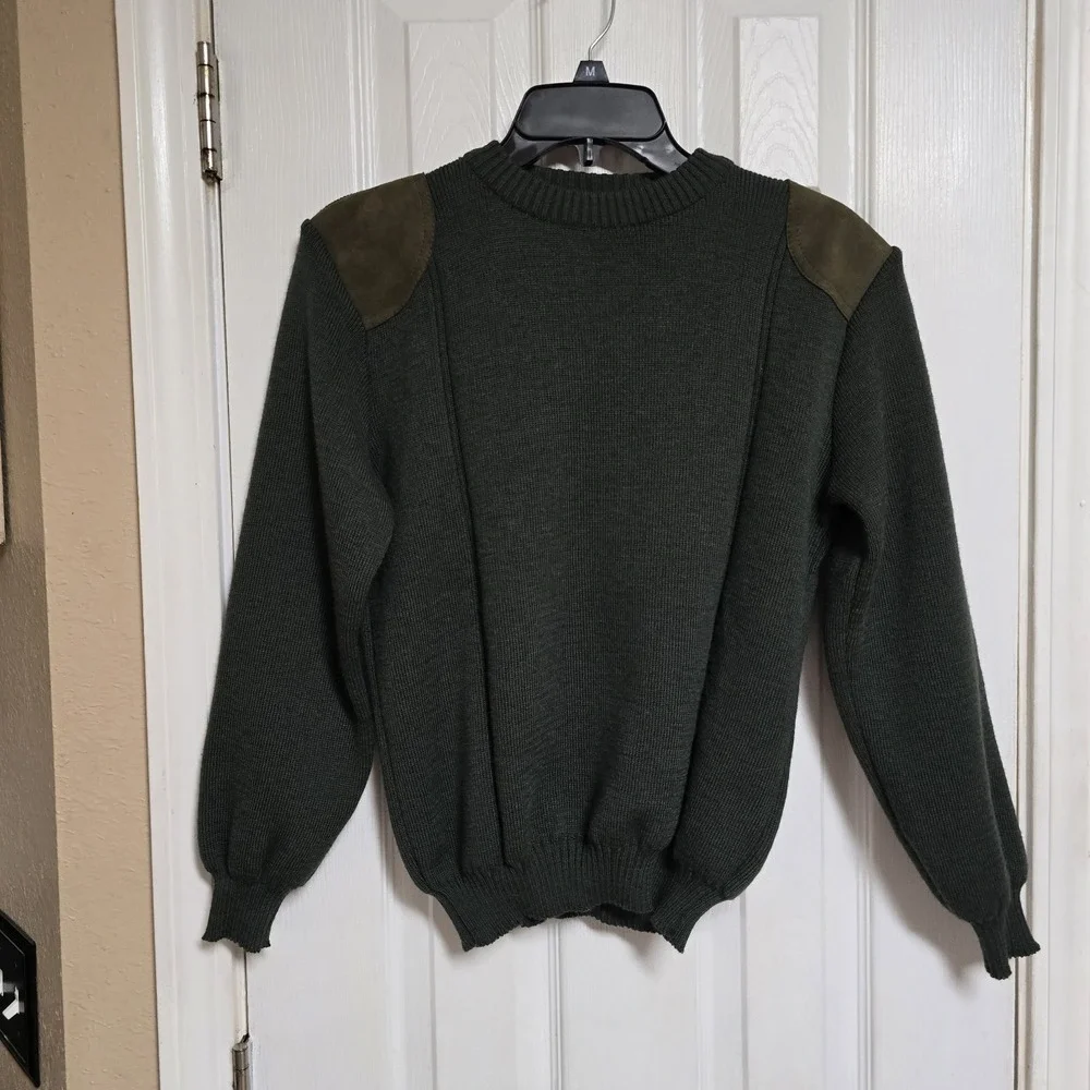 WOOLYBACK Crew‎ Neck Pure Wool Thick Chunky Sweater Suede Patches England  11/12